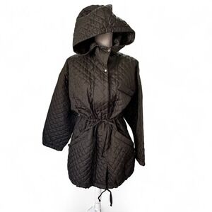 MORGANE LE FAY Black Quilted Hooded Jacket Drawstring Waist Nylon Coat